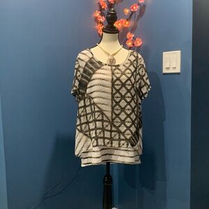 Dana Buchman Brown and White Geometric 2 layer blouse